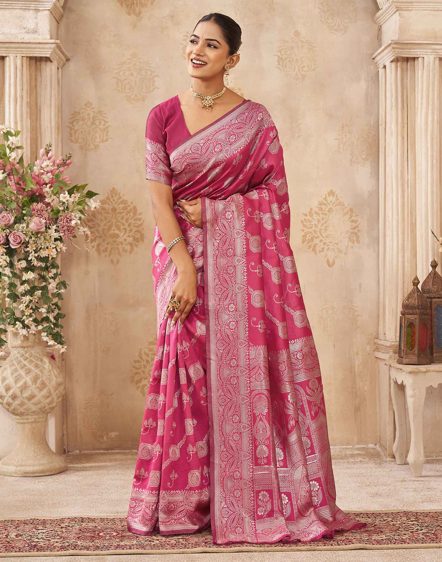 Pink Silk Woven Banarasi Saree