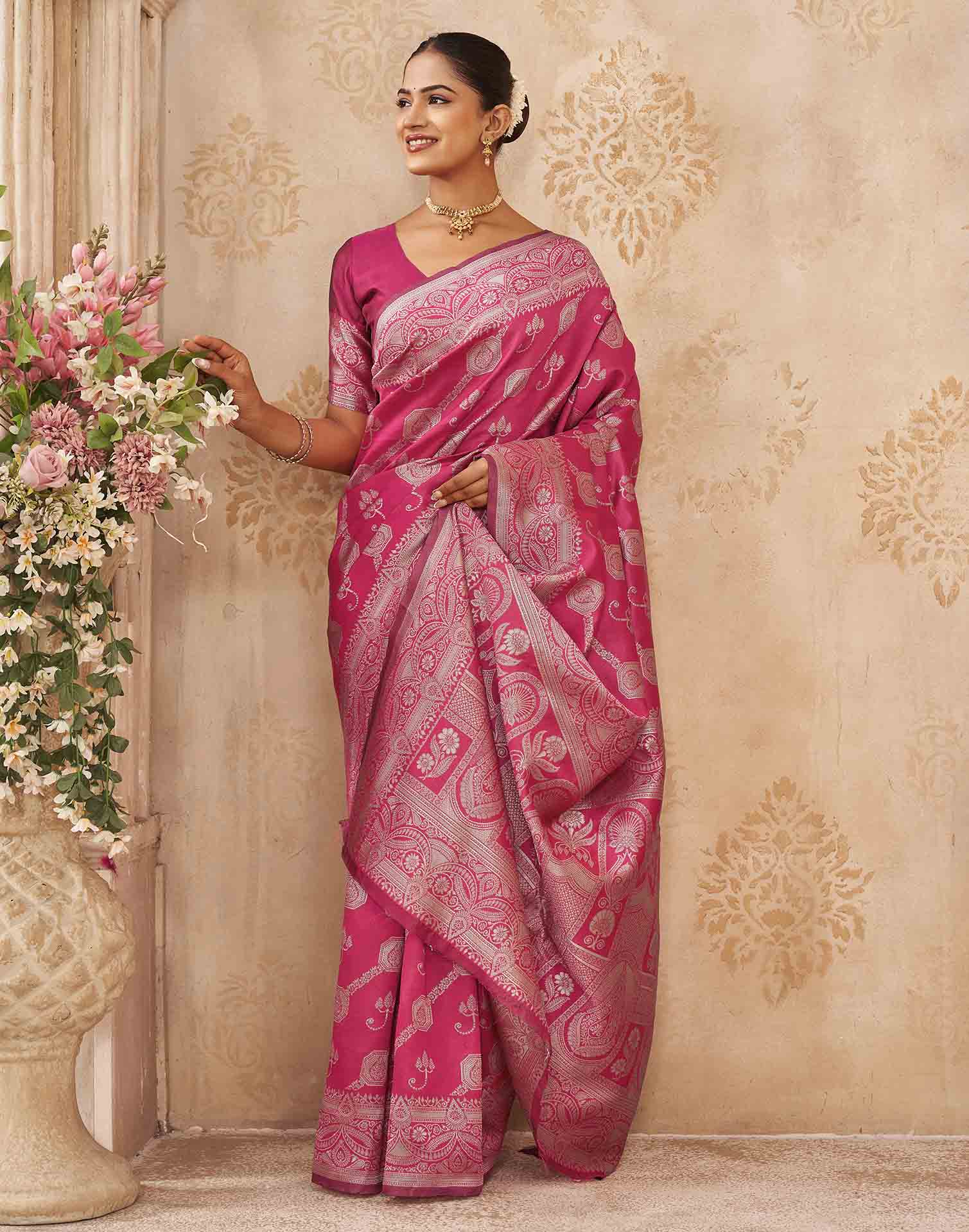 Pink Silk Woven Banarasi Saree