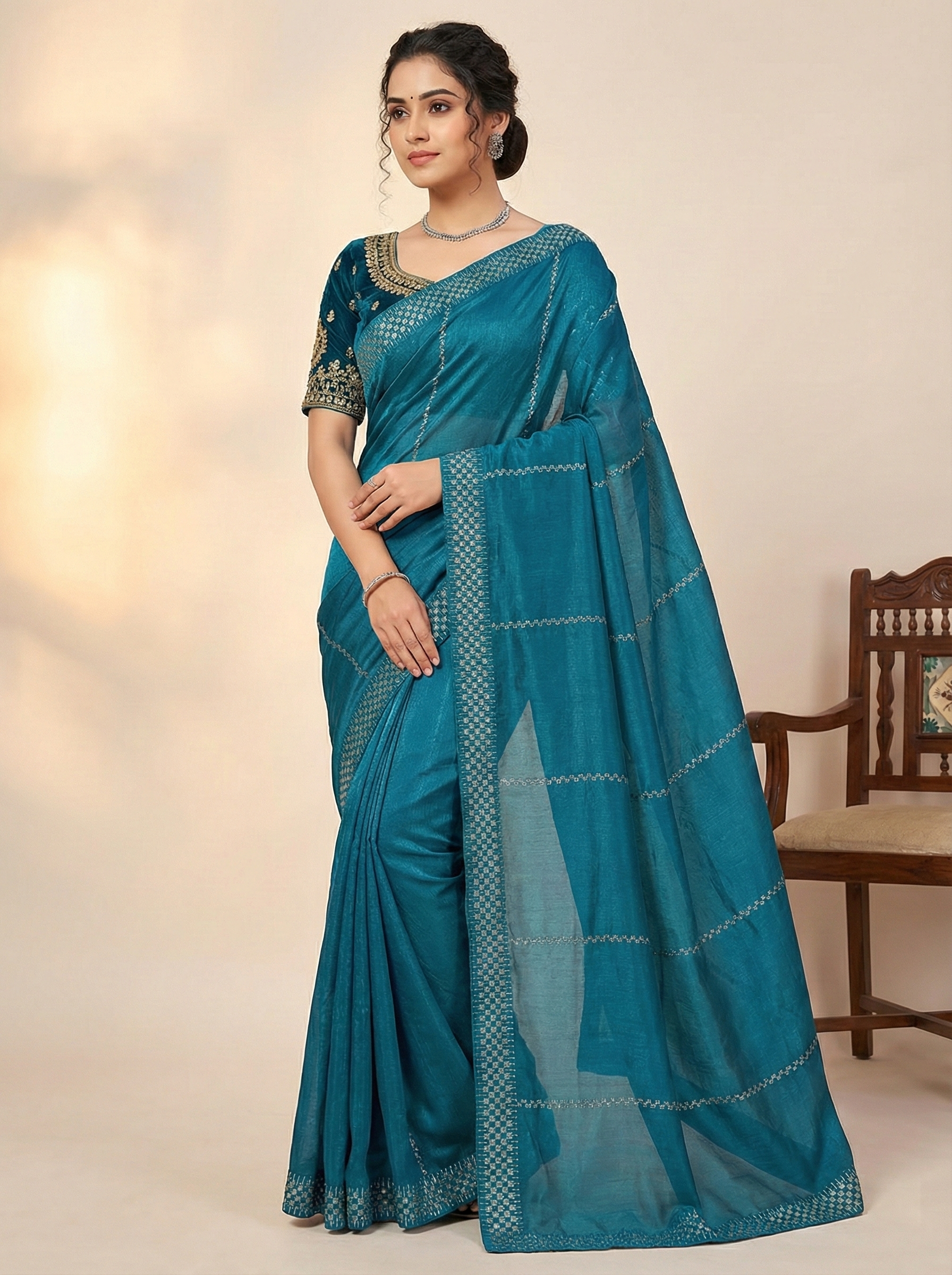 Teal Blue Soft Silk Saree with Sequin Stripes and Designer Border"