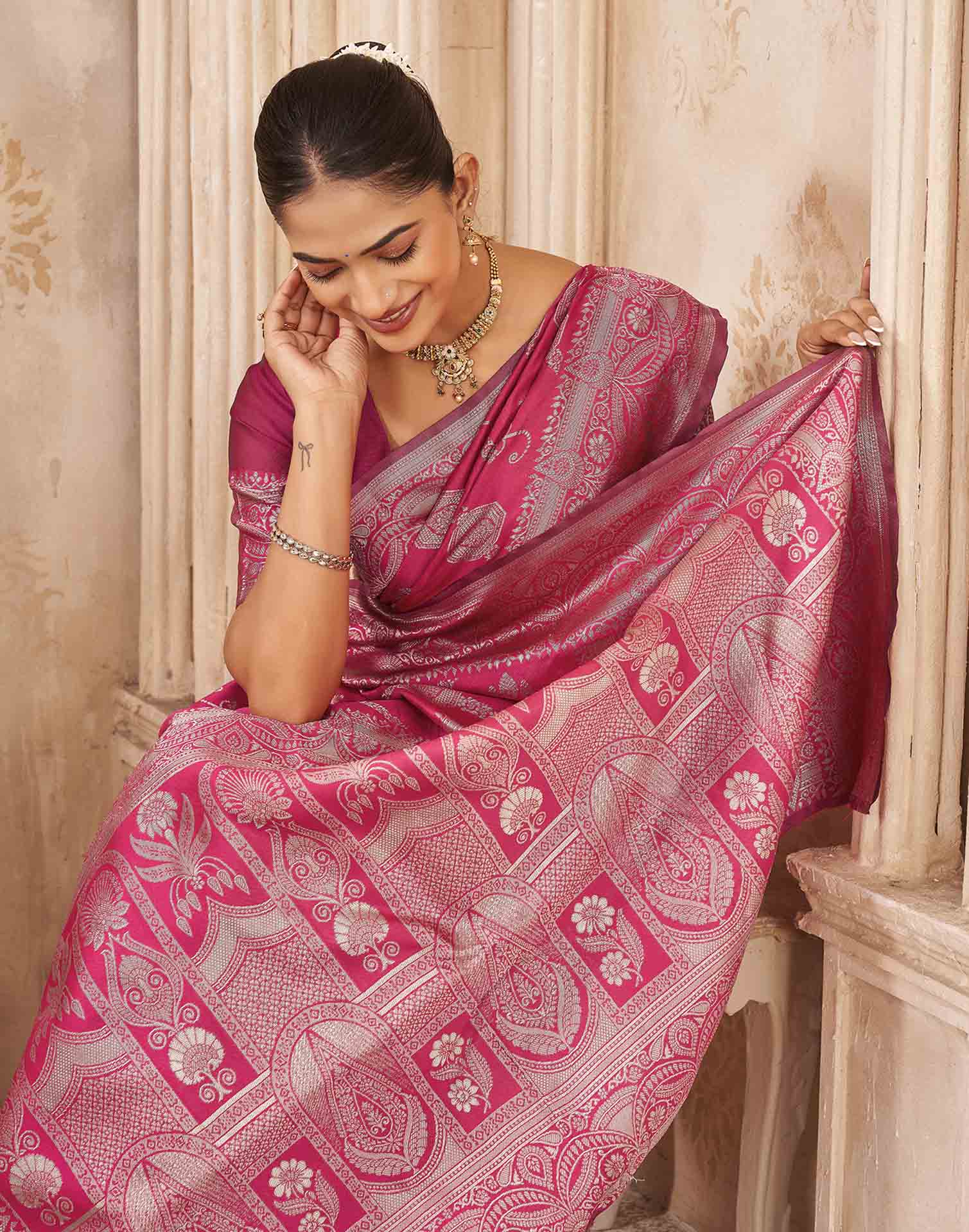 Pink Silk Woven Banarasi Saree