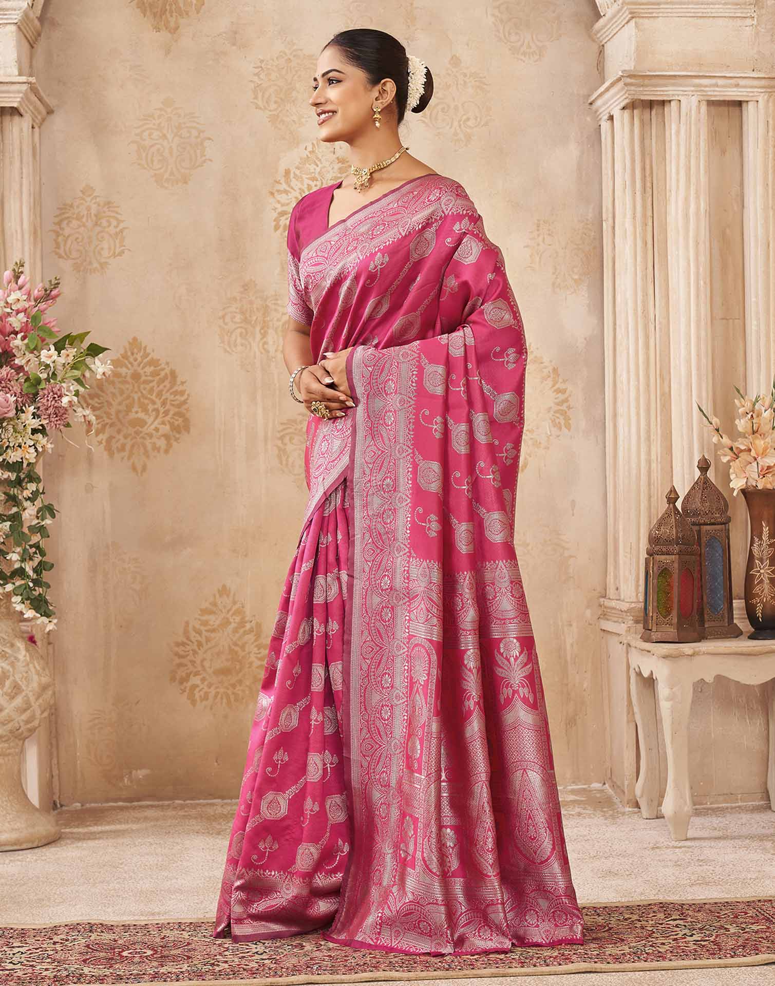Pink Silk Woven Banarasi Saree