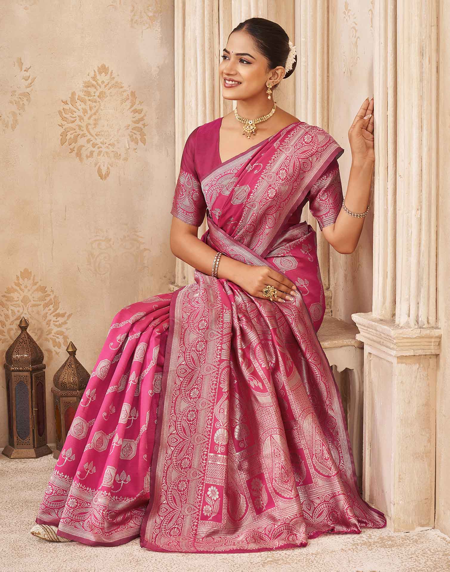 Pink Silk Woven Banarasi Saree