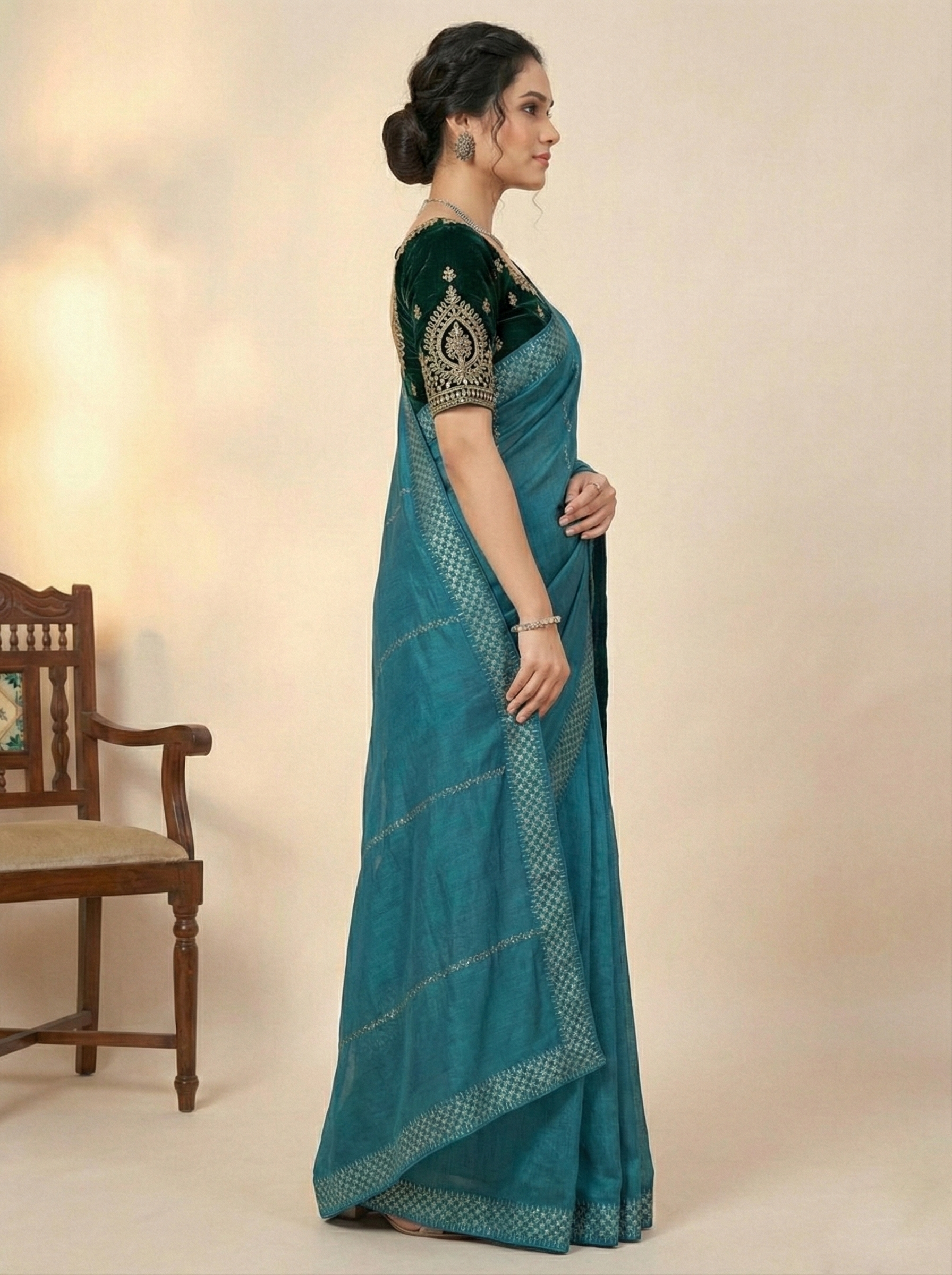 Teal Blue Soft Silk Saree with Sequin Stripes and Designer Border"