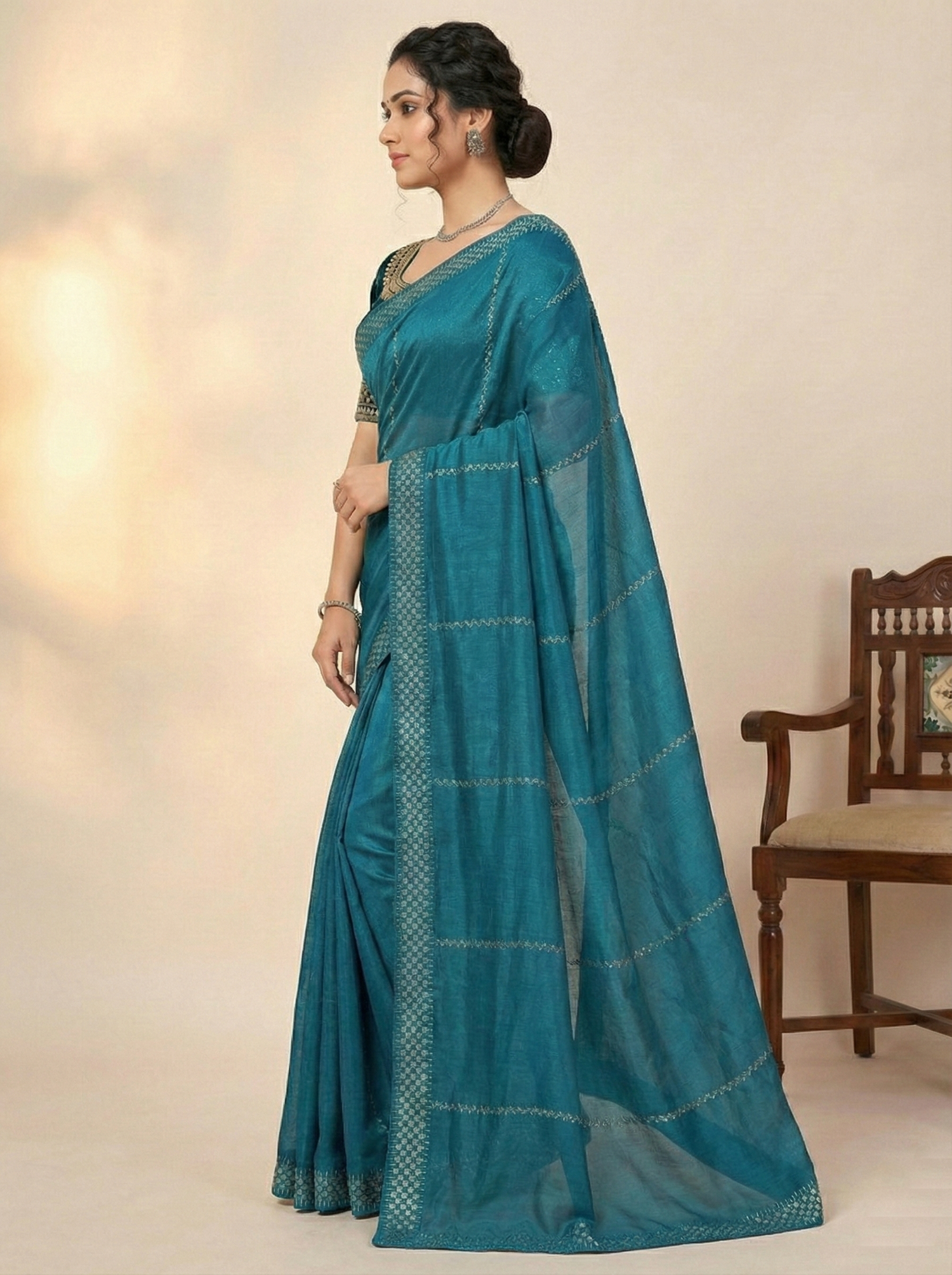Teal Blue Soft Silk Saree with Sequin Stripes and Designer Border"