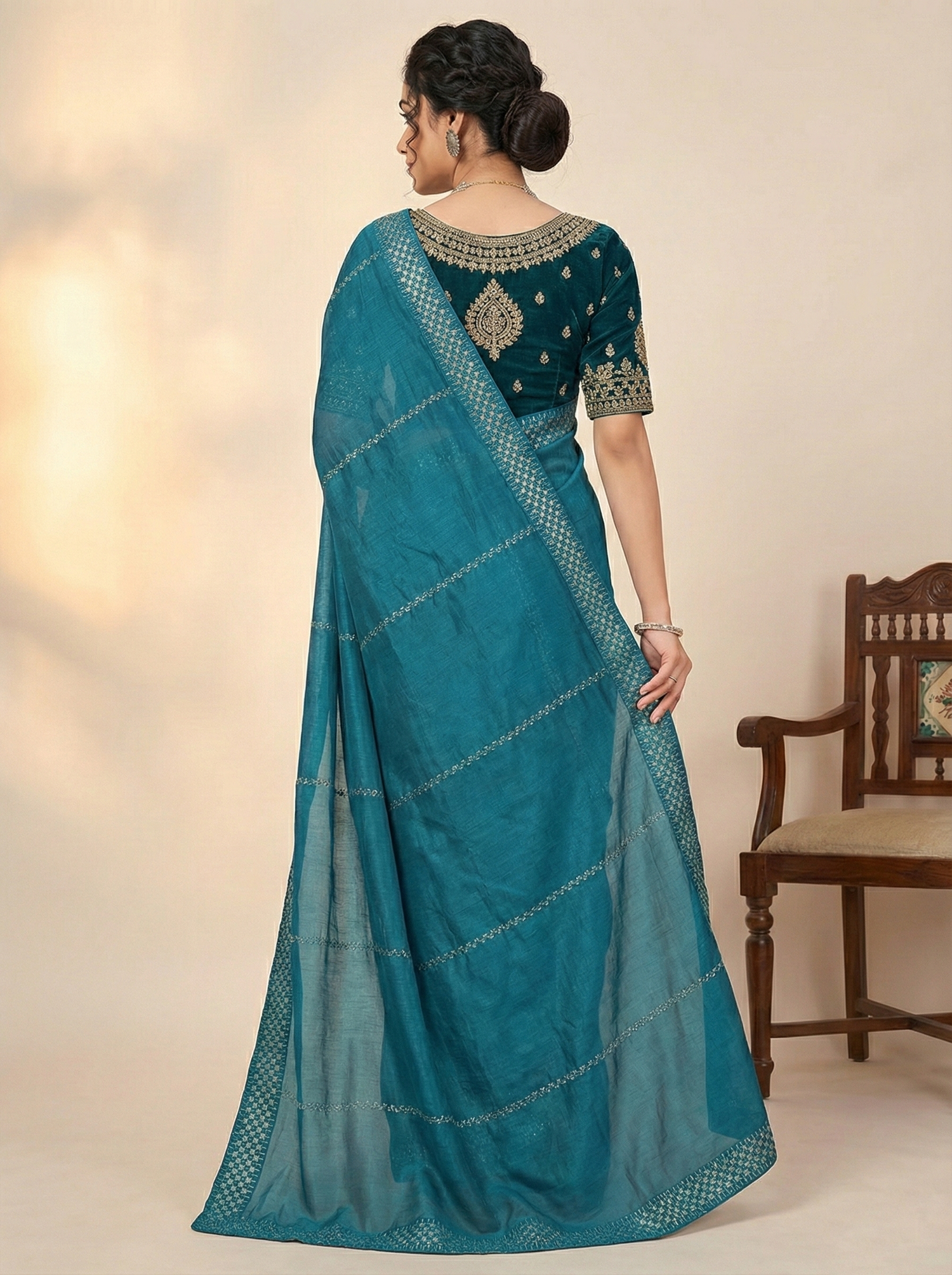 Teal Blue Soft Silk Saree with Sequin Stripes and Designer Border"